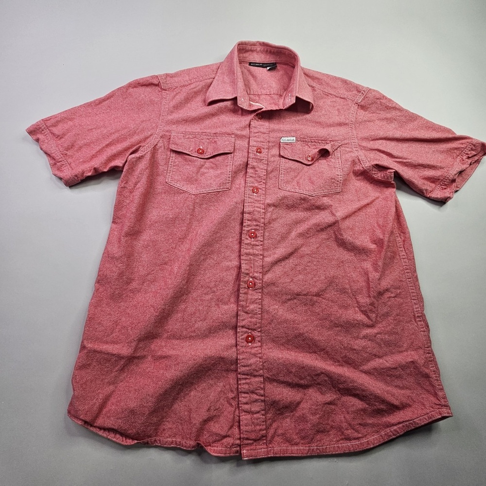 Rocawear Men's Medium Short Sleeve Button-Up Shirt Red Speckled 100% Cotton